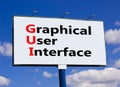 GUI graphical user interface symbol. Concept words GUI graphical user interface on billboard on a beautiful blu sky background. Royalty Free Stock Photo