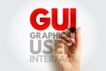 GUI Graphical User Interface text on image symbolizing computer screen control, display layout, design usability, digital function Royalty Free Stock Photo