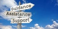 Guidance, assistance, support - wooden signpost with three arrows Royalty Free Stock Photo