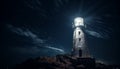 Guidance beacon illuminates dark seascape, old building exterior illuminated generated by AI