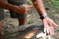 A guide from aboriginal community showing the use of traditional colors. Mossman. Queensland. Australia