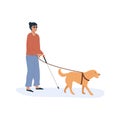 A guide dog with blind person walking together. Disabled female with cane stick using help of dog. Flat style characters