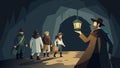 The guide dressed in period clothing holding a lantern and leading a group of tourists through a dark underground tunnel Royalty Free Stock Photo