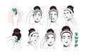 Guide for face lifting massage with facial tool. Instruction of beauty procedure with jade stone gua sha. Woman