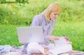 Guide starting freelance career. Business lady freelance work outdoors. Woman with laptop sit on rug grass meadow. Steps Royalty Free Stock Photo