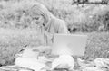 Guide starting freelance career. Business lady freelance work outdoors. Woman with laptop sit on rug grass meadow. Steps Royalty Free Stock Photo