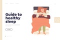 Guide to healthy sleep landing page template with relaxed senior man napping in bed design