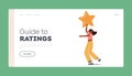 Guide to Ratings Landing Page Template. Woman Hold Yellow Star to Rate Service or Goods. Feedback, Customer Rating Star