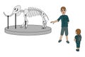 The guide during a tour of the museum shows the skeleton of a mammoth. father with son. isolated vector illustration