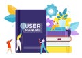 Guide for user manual book, vector illustration. Information instruction at flat service, guidance tutorial in cartoon