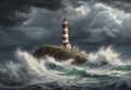 Guiding Beacon: Lighthouse on a Stormy Beach, Towering Amidst Crashing Waves