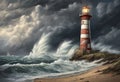 Guiding Beacon: Lighthouse on a Stormy Beach, Towering Amidst Crashing Waves