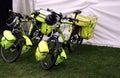 Guildford, England - May 28 2018: Two paramedic bicycles belonging to the St John Ambulance movement, a voluntary first aid medic