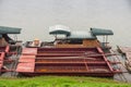 4 rows of metal and bamboo rafts on Li River, downtown, Guilin, China