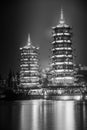 Black and white portrait of twin pagodas, Guilin, China