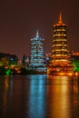 Twin Pagodas in Shanhu Lake at night, Guilin, China