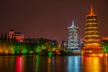 Shanhu Lake at night with twin pagodas, Guilin, China