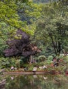 Gardeners and visitors behind pond in Seven Star Park, Guilin, China