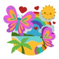 butterflies flying on beach with happy sun and rainbows child style Royalty Free Stock Photo
