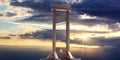 Guillotine against sunrise sky background. 3d illustration Royalty Free Stock Photo