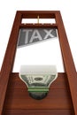 Guillotine with text tax on white background. Isolated 3d illustration