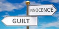 Guilt and innocence as different choices in life - pictured as words Guilt, innocence on road signs pointing at opposite ways to Royalty Free Stock Photo