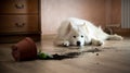 Guilty dog on the floor next to an overturned flower Royalty Free Stock Photo