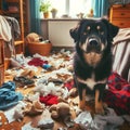 Guilty dog in a messy room that he tore up. Concept for dog training Royalty Free Stock Photo