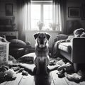 Guilty dog in a messy room that he tore up. Concept for dog training, monochrome image Royalty Free Stock Photo