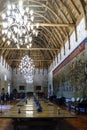 Guimaraes, Portugal. August 14, 2017: General view of the main hall of the palace of the Dukes of Braganza with wooden coffered ce