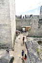 Guimaraes, Portugal. August 14, 2017: Tourists visiting the interior corridors of King Afonso Henriques castle from the 11th centu Royalty Free Stock Photo