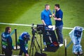 GUIMARAES, PORTUGAL - June 05, 2019: Journalist with microphone interview during the UEFA Nations League semi Finals match between