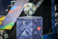 GUIMARAES, PORTUGLAL - June 09, 2019: Official UEFA Nations League ball on a pedestal close-up during the UEFA Nations League