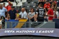GUIMARAES, PORTUGLAL - June 09, 2019: Sign and emblem on the board UEFA Nations League during the UEFA Nations League Finals