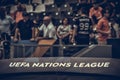 GUIMARAES, PORTUGLAL - June 09, 2019: Sign and emblem on the board UEFA Nations League during the UEFA Nations League Finals