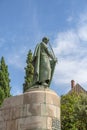 View at the Dom Afonso Henriques statue, iconic monument sculpture, the first king of Portugal, on Guimares city downtown