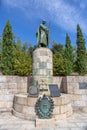 View at the Dom Afonso Henriques statue, iconic monument sculpture, the first king of Portugal, on Guimares city downtown