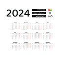 Guinea-Bissau calendar 2024. Week starts from Monday. Vector graphic design.