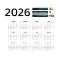 Guinea-Bissau calendar 2026. Week starts from Monday. Vector graphic design.