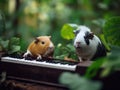 A guinea and a hamster are sitting on a piano. Generative AI image.