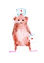 Guinea pig became a doctor and hurries to the rescue. Comic watercolor illustration isolated on white background