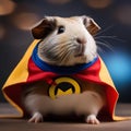 A guinea pig dressed as a superhero with a tiny cape and an \