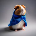 A guinea pig dressed as a superhero with a tiny cape and an \