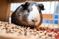 guinea pig eating from a built-in cage feeder filled with pellets Royalty Free Stock Photo