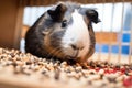 guinea pig eating from a built-in cage feeder filled with pellets