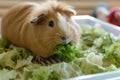 guinea pig eating lettuce in a plasticbottomed cage Royalty Free Stock Photo