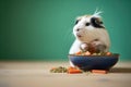 guinea pig with food bowl between paws Royalty Free Stock Photo