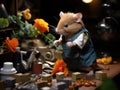 Guinea pig gardener in tiny overalls