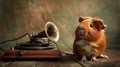 Guinea pig beside a gramophone, gentle lighting, soft background, charming, oldworld feel , advertise photo Royalty Free Stock Photo