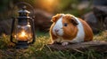 A Cozy Evening: Guinea Pig with Lantern at Sunset in the Garden Royalty Free Stock Photo